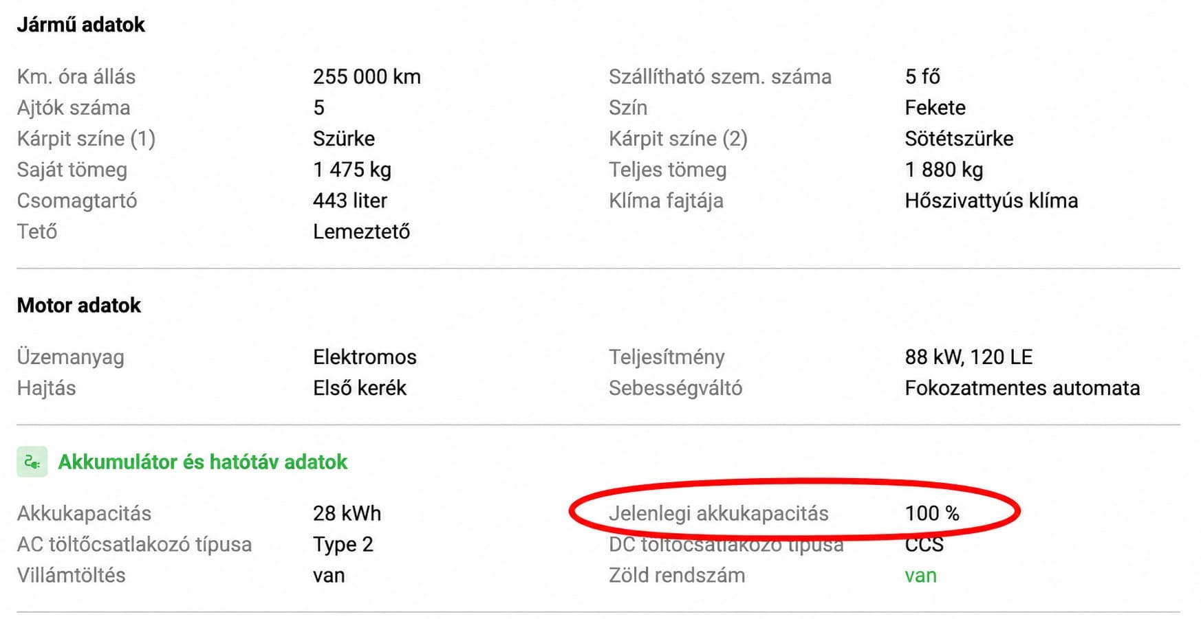 Használtautó-hirdetés adatlapja: 255 000 km-es Hyundai Ioniq 28 kWh, a jelenlegi akkukapacitás 100%-ra beállítva.