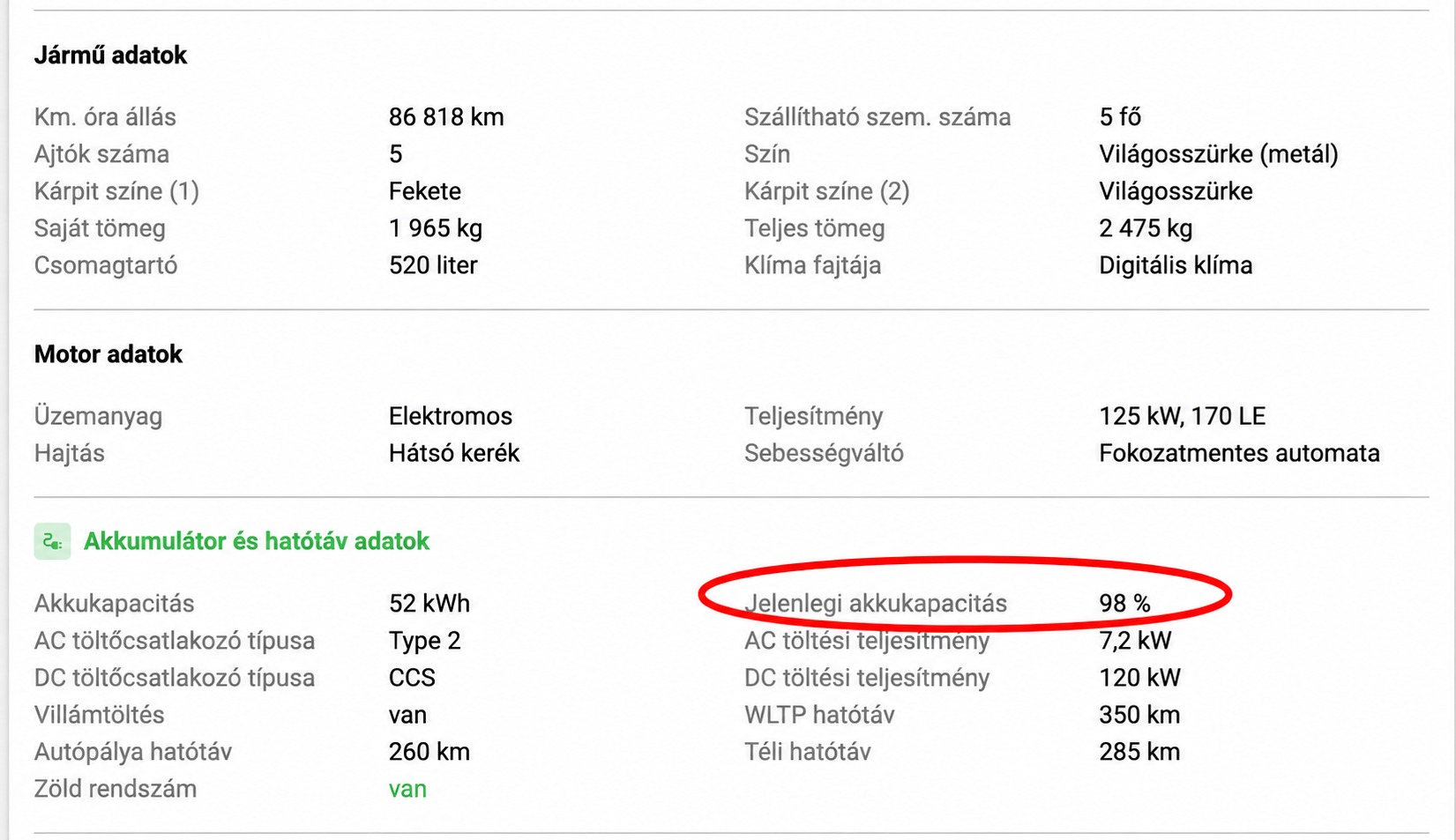 Használtautó-hirdetés adatlapja: 86 818 km-es Audi Q4 52 kWh, a jelenlegi akkukapacitás 98%-ra beállítva.