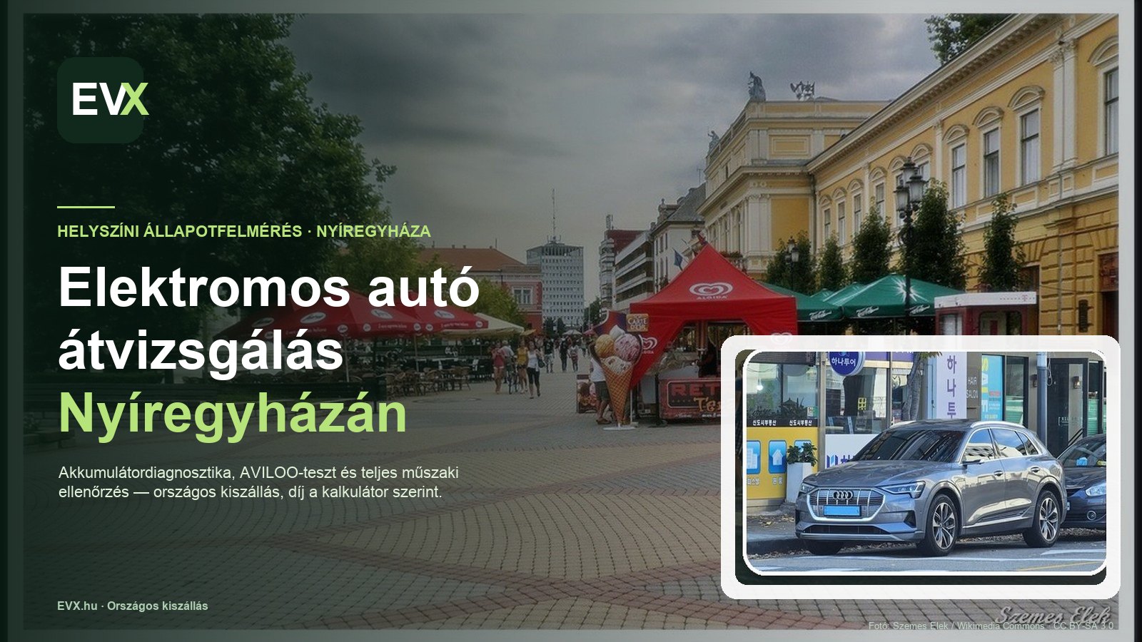 Nyíregyháza — országos kiszállású elektromos autó átvizsgálás és állapotfelmérés Nyíregyházán és környékén.